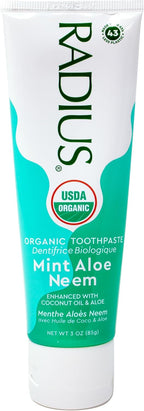 Radius USDA Organic Toothpaste, Non Toxic Chemical-Free Gluten-Free Designed to Improve Gum Health & Prevent Cavity - Mint Aloe Neem - 3 Ounce (Pack of 1)