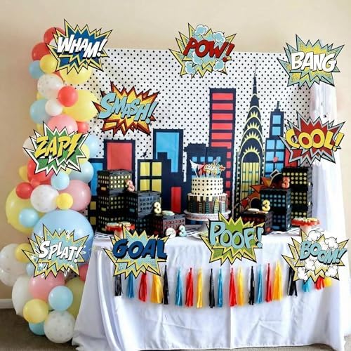 Tinlade 10 Pcs Hero Paper Cutouts Hero Themed Party Decorations Action Sign Reusable Action Sound Effect Paper Sign Photo Props for Birthday Party Favor Supplies Wall Decor