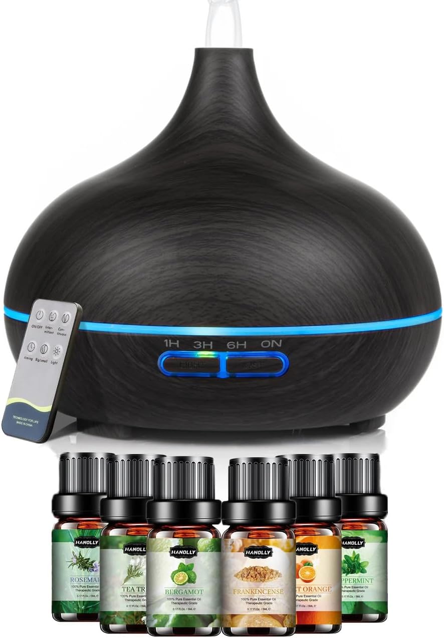 550ml ultrasonic Aromatherapy Essential Oil Diffuser with Remote Control, Dark Wood Grain, Including 6 Essential Oils, 4 Timer Settings, LED Light, Cold Mist humidifier