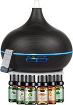 550ml ultrasonic Aromatherapy Essential Oil Diffuser with Remote Control, Dark Wood Grain, Including 6 Essential Oils, 4 Timer Settings, LED Light, Cold Mist humidifier
