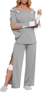 Women's Hospital Gown Set Long Sleeve Bedridden Patient Adaptive Clothing Tear Away Shirt and Pants for Easy Care