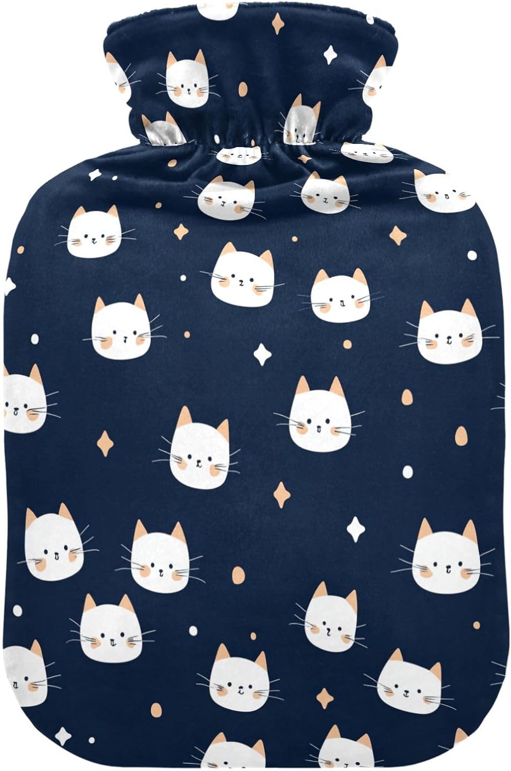 Cute Kitty Navy Blue and White Hot Water Bottle with Cover, 2Liter Soft Velvet Winter Warm Water Bag for Neck and Shoulder Pain Relief Period Cramps Bed Hand Feet Warmer