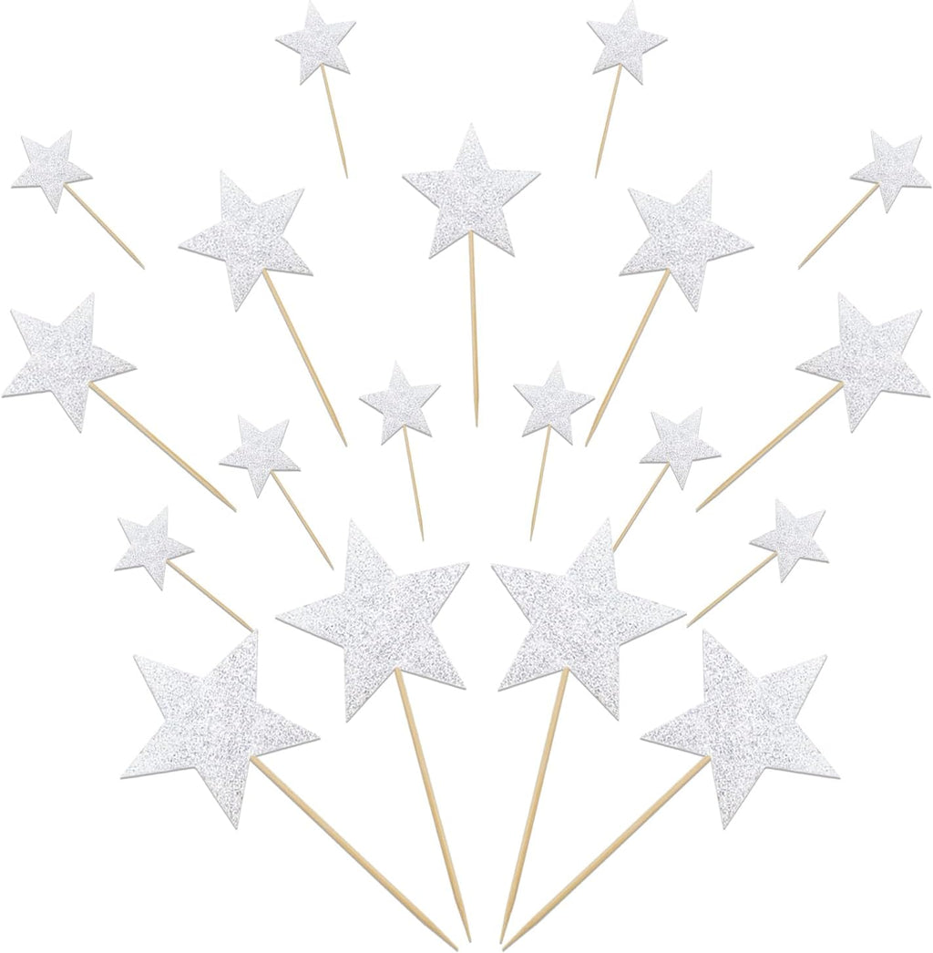 24 PCS Double-sided Silver Star Cupcake Toppers Glitter Twinkle Star Cupcake Picks Silver Cake Decorations for Wedding New Year Birthday Party Supplies (Mixed Size)