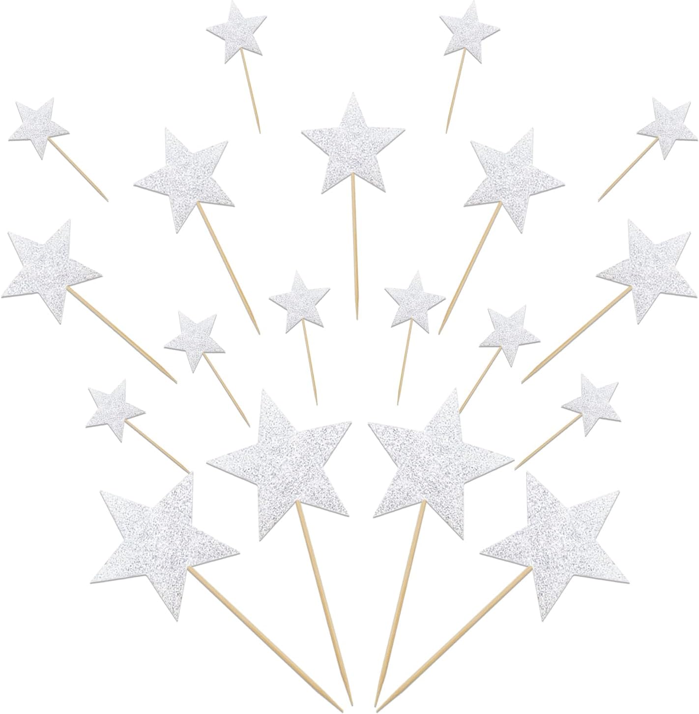 24 PCS Double-sided Silver Star Cupcake Toppers Glitter Twinkle Star Cupcake Picks Silver Cake Decorations for Wedding New Year Birthday Party Supplies (Mixed Size)