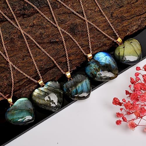 AURA GEMS Labradorite Gemstone Heart Shape Pendant Necklace, Natural Cabochon, Women Jewelry, Energy Healing Crystals, Calm Chakra, Birthstone, Gift for Women, Gold Plated Jewelry 18 inch, AA+ Quality