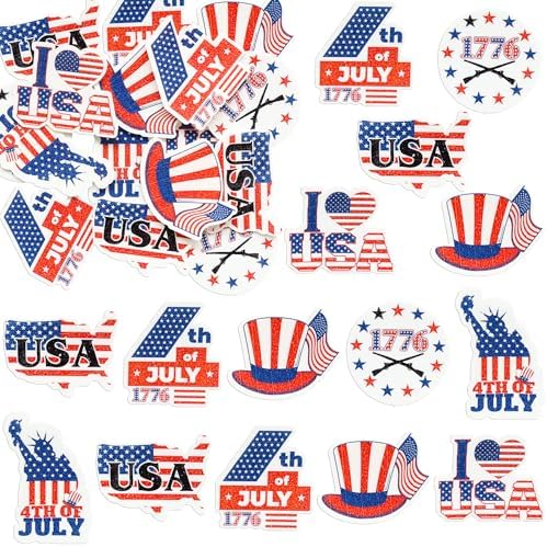 Ephlyn 54Pcs 4th of July Edible Cupcake Toppers American Flag Patriotic Cake Decorations Wafer Paper USA Independence Day for July 4th Party Supplies Blue Red White