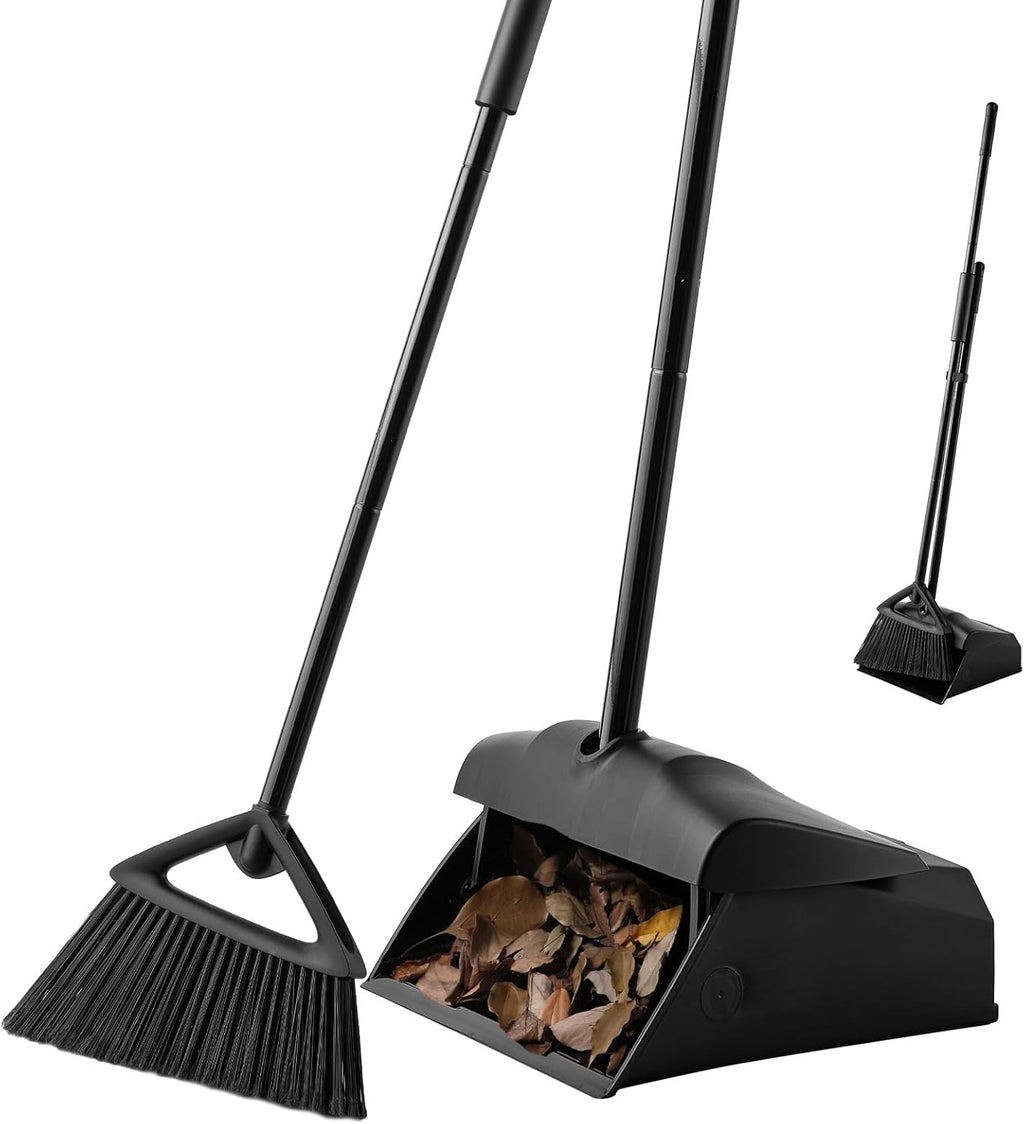 Eyliden Commercial Angle Broom and Dustpan Combo, with Long Handle and Lid, Lobby Dust Pan Sweep Set for Outdoor Garages Courtyard Sidewalks Decks Indoor Home Kitchen Room Office (Black Broom+Dustpan)