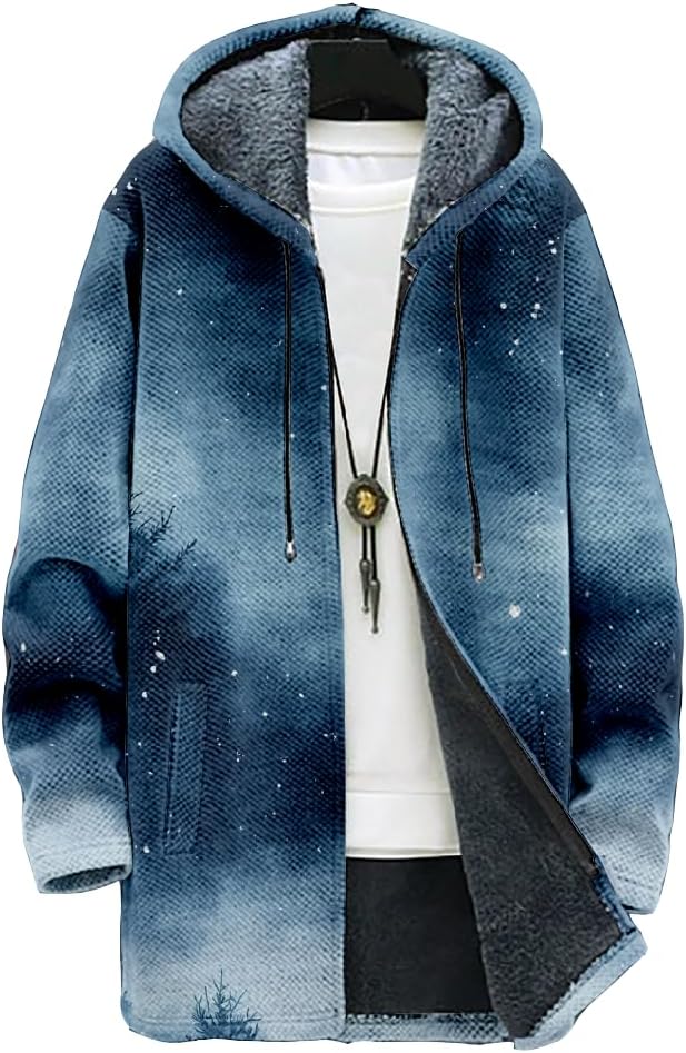 Christmas Print Long Cardigan Sweaters for Men Warm Sherpa Fleece Lined Long Sleeve Zip Up Graphic Hooded Jacket