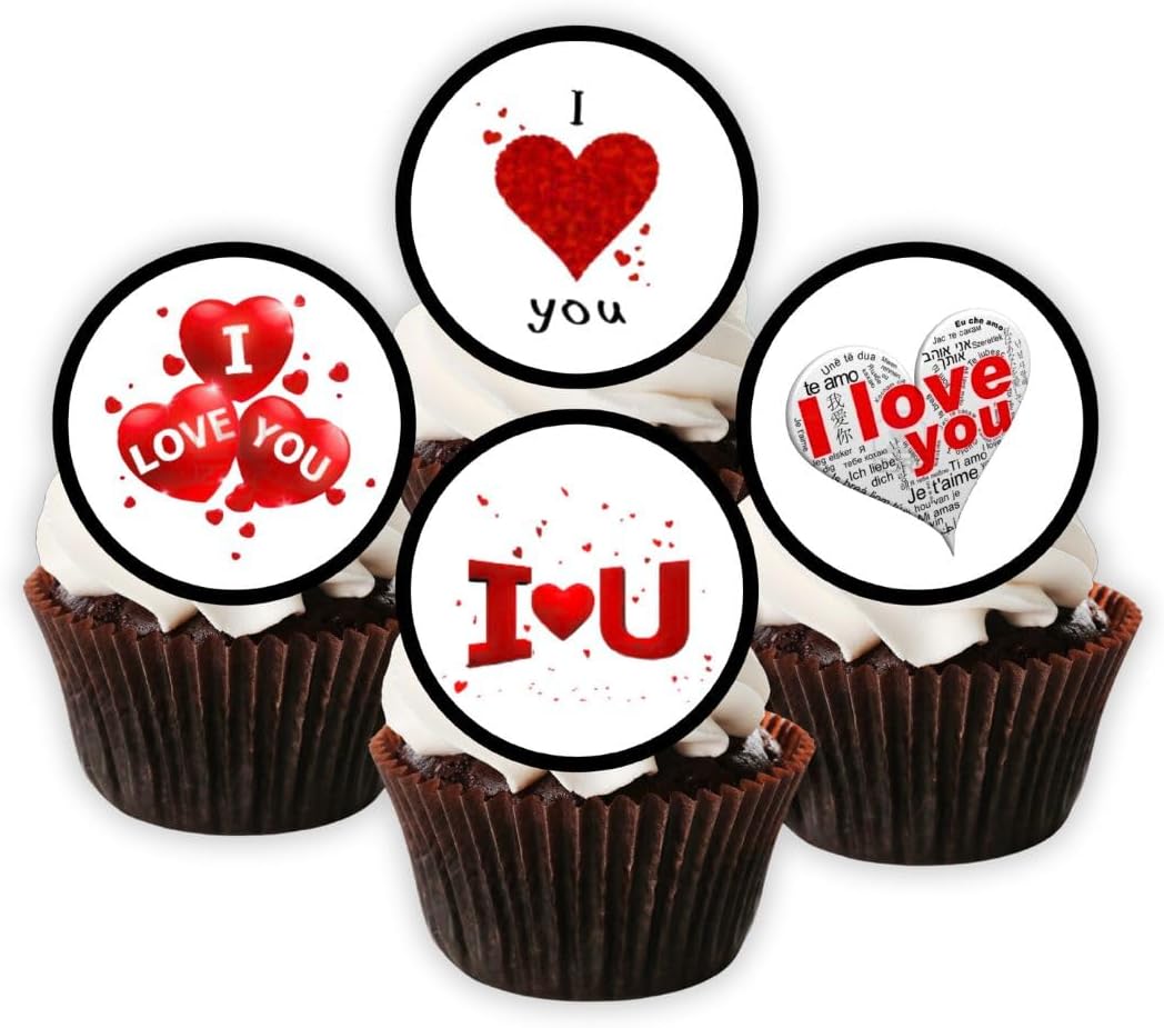 I Love You Edible Cupcake Toppers, Mini Valentines Day Cake Decorations, Wedding and Engagement Cupcake Decor, Anniversary Cookie Topper, Proposal Decoration PRECUT 3cm / 1.18 Inches (48)