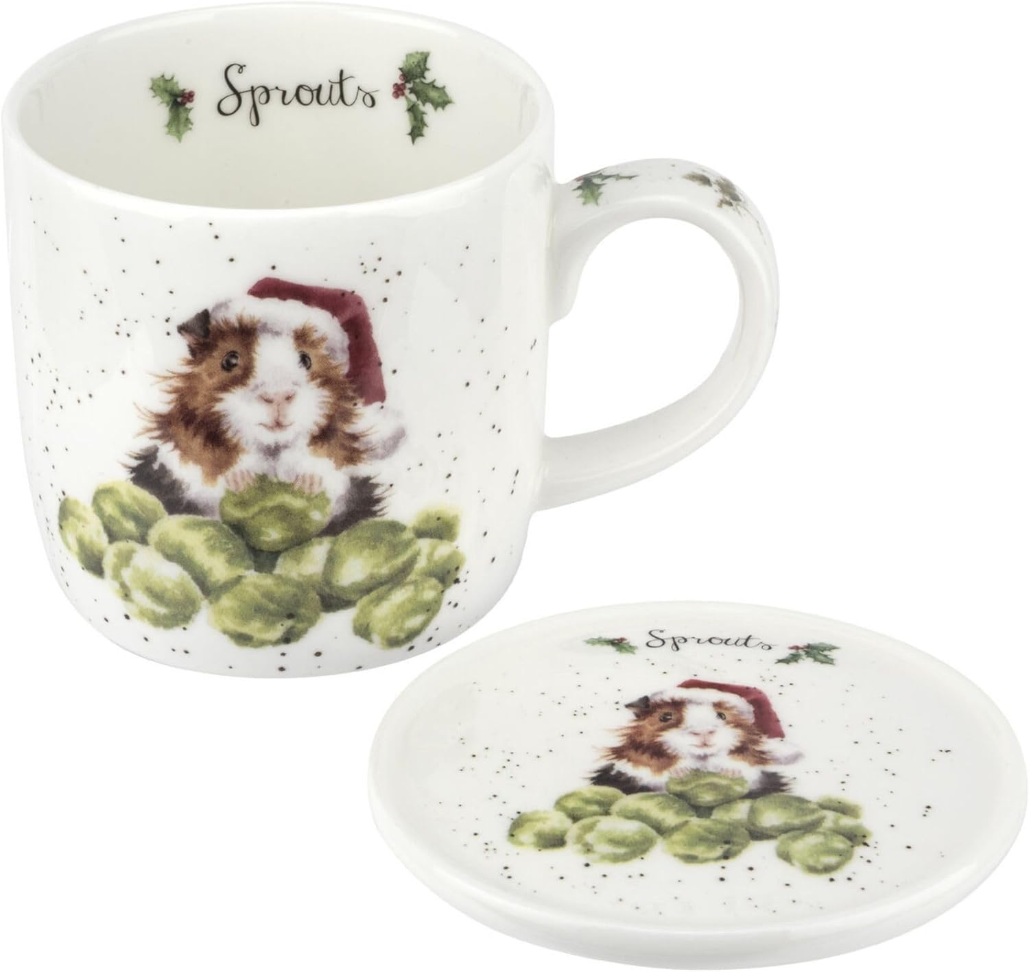 Royal Worcester Wrendale Designs Christmas Sprouts 11 Oz Mug & Coaster Set, Fine Bone China Coffee Mug with Guinea Pig in Santa Hat, Dishwasher & Microwave Safe - Festive Gift for Animal Lovers