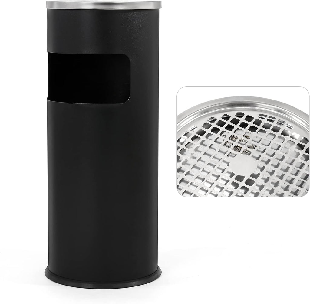 Trash Can Outdoor Waste Container Round Stainless Steel Trash Can with Removable Inner Bucket for Disposal Commercial Waste Container 9.8 x 24-Black