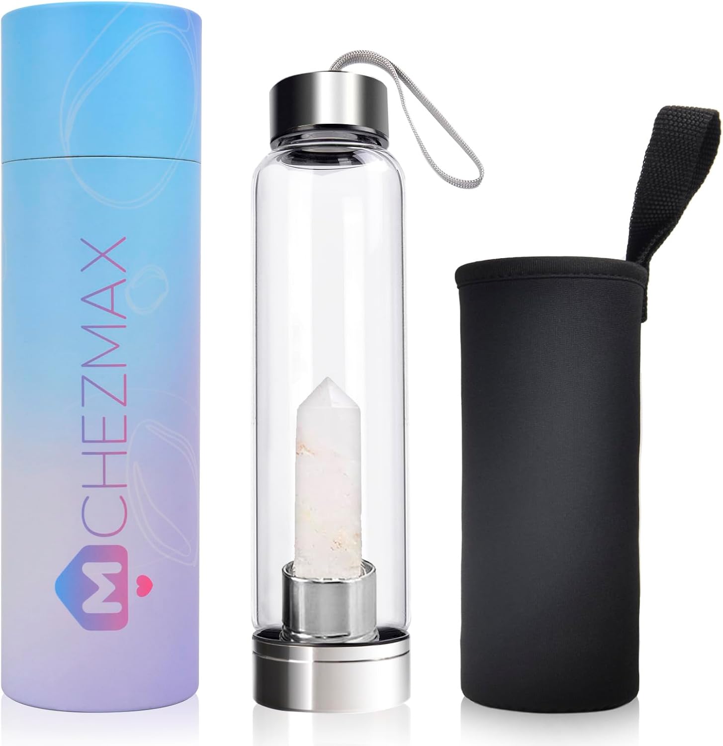 ChezMax Crystal Glass Water Bottle, Glass Water Bottles with Changeable Natural Crystal Center, Quartz Gemstone Water Bottle for Natural