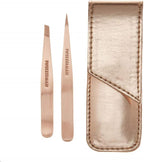 Tweezerman Rose Gold Petite Point and Slant Tweezer Set with Travel Case - Eyebrows for Women and Men