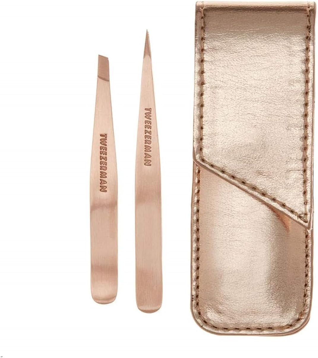 Tweezerman Rose Gold Petite Point and Slant Tweezer Set with Travel Case - Eyebrows for Women and Men