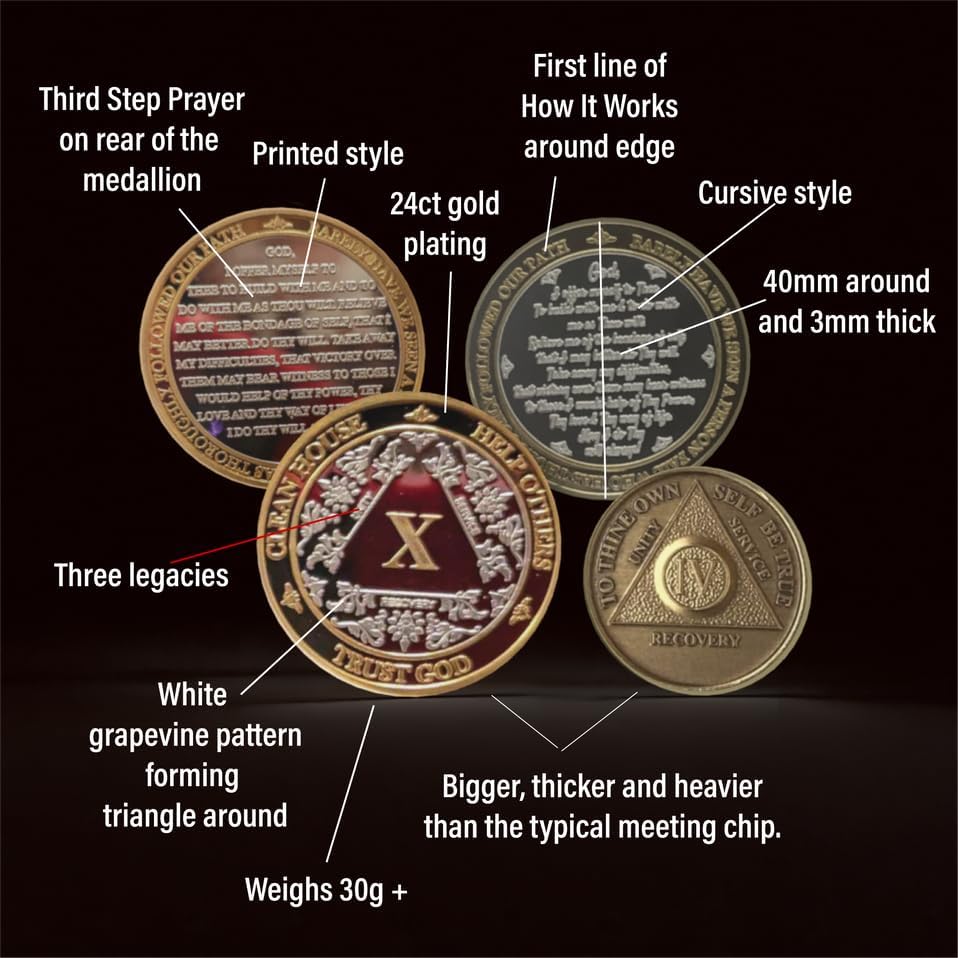 Silver & Gold Alcoholics Anonymous Gifts Sobriety Coin 1 to 60 Year AA Medallion with AA Coin Holder 40mm AA Chips and Medallions with 3rd Step Prayer Recovery Gifts for