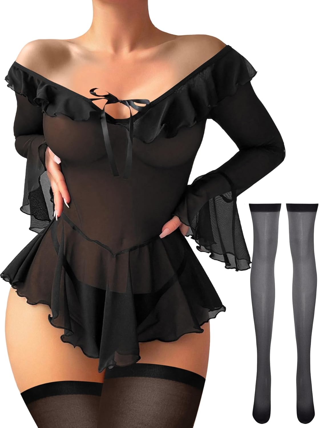 Foxiny Sexy Rave Ruffle Bell Long Sleeve Off Shoulder Mesh Sheer Babydoll Lingerie Set Dress with Thong 2 Piece