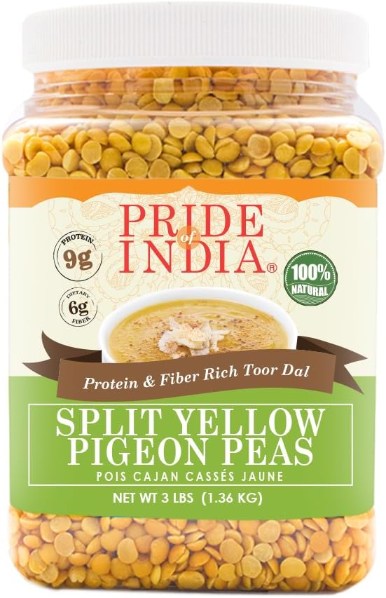Pride Of India - Indian Split Yellow Pigeon Peas - Protein & Fiber Rich Toor (Arahar) Dal, 3.0 Pound Jar