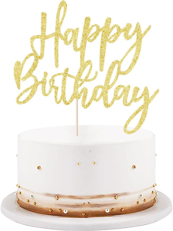 LVEUD Glitter Happy Birthday Cake Topper, Cake Decoration Suitable For Party Decoration - Anniversary/Birthday (Golden)