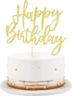 LVEUD Glitter Happy Birthday Cake Topper, Cake Decoration Suitable For Party Decoration - Anniversary/Birthday (Golden)