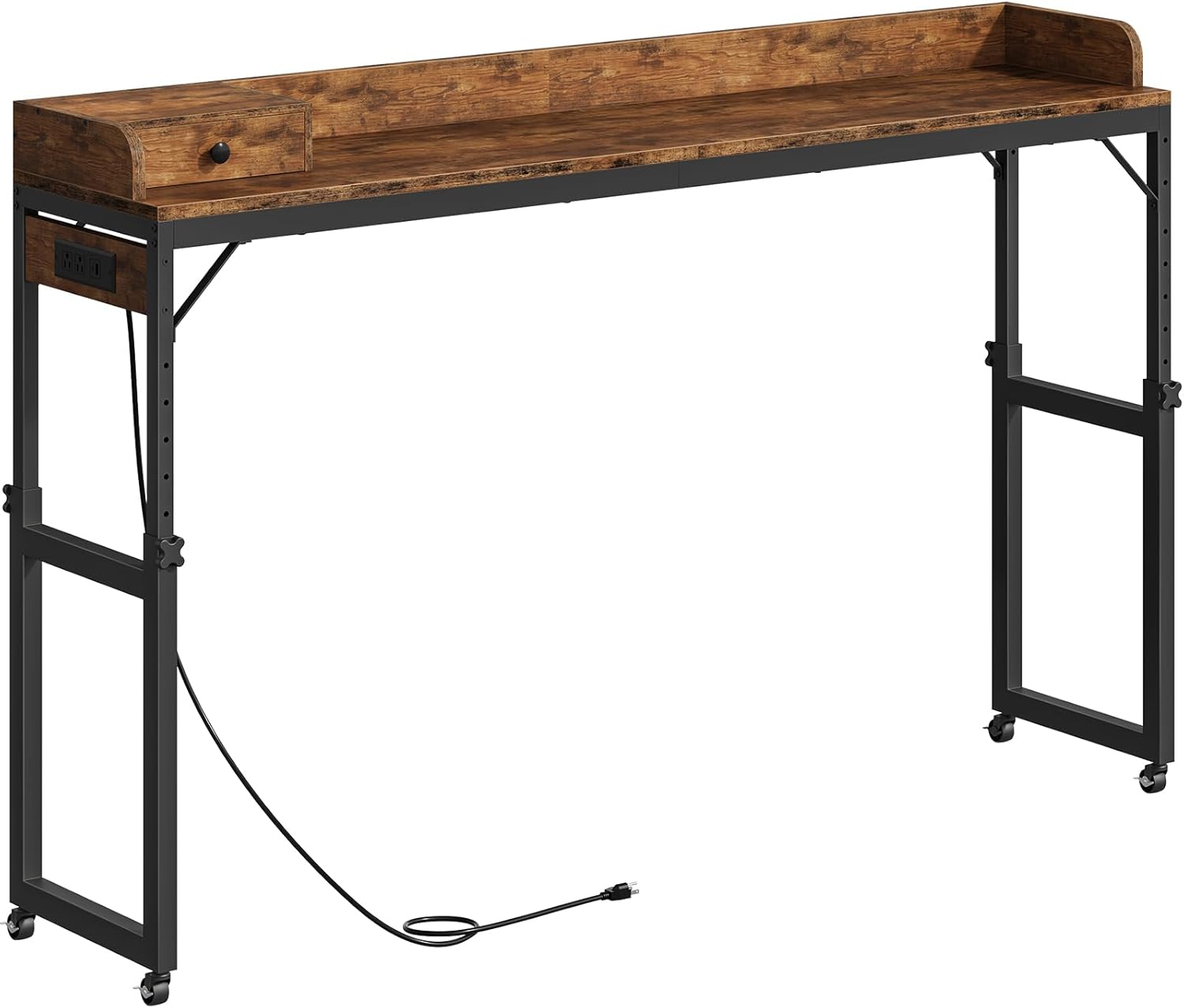 HOOBRO Overbed Table with Wheels, Rolling Table with Outlets & Light Strip for Queen Bed, Mobile Bed Desk & Drawer and Adjustable Height, Giant Computer Desk for Living Room, Rustic Brown BF180UDDN01