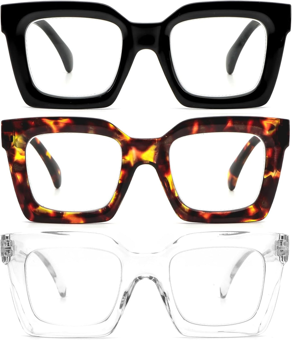 REAVEE 3 Pack Thick Frame Oversized Reading Glasses for Women Blue Light Blocking Computer stylish Readers with Spring Hinge
