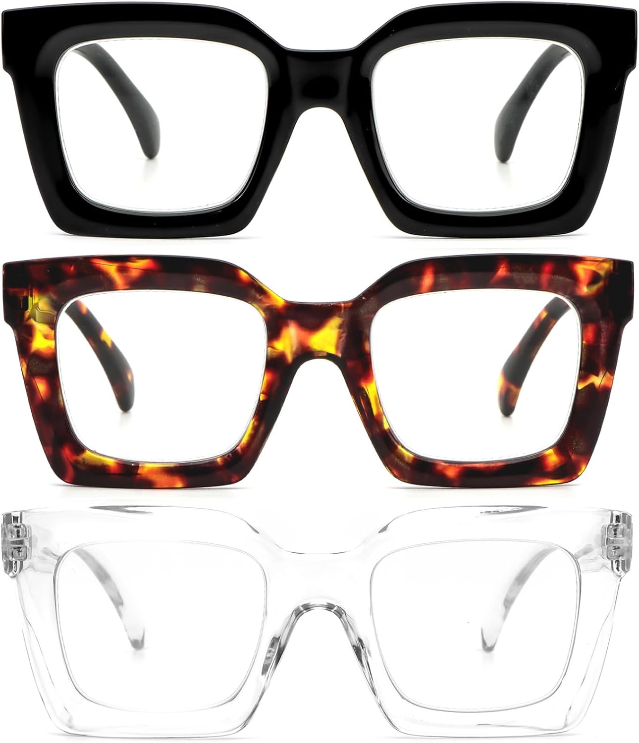 REAVEE 3 Pack Thick Frame Oversized Reading Glasses for Women Blue Light Blocking Computer stylish Readers with Spring Hinge