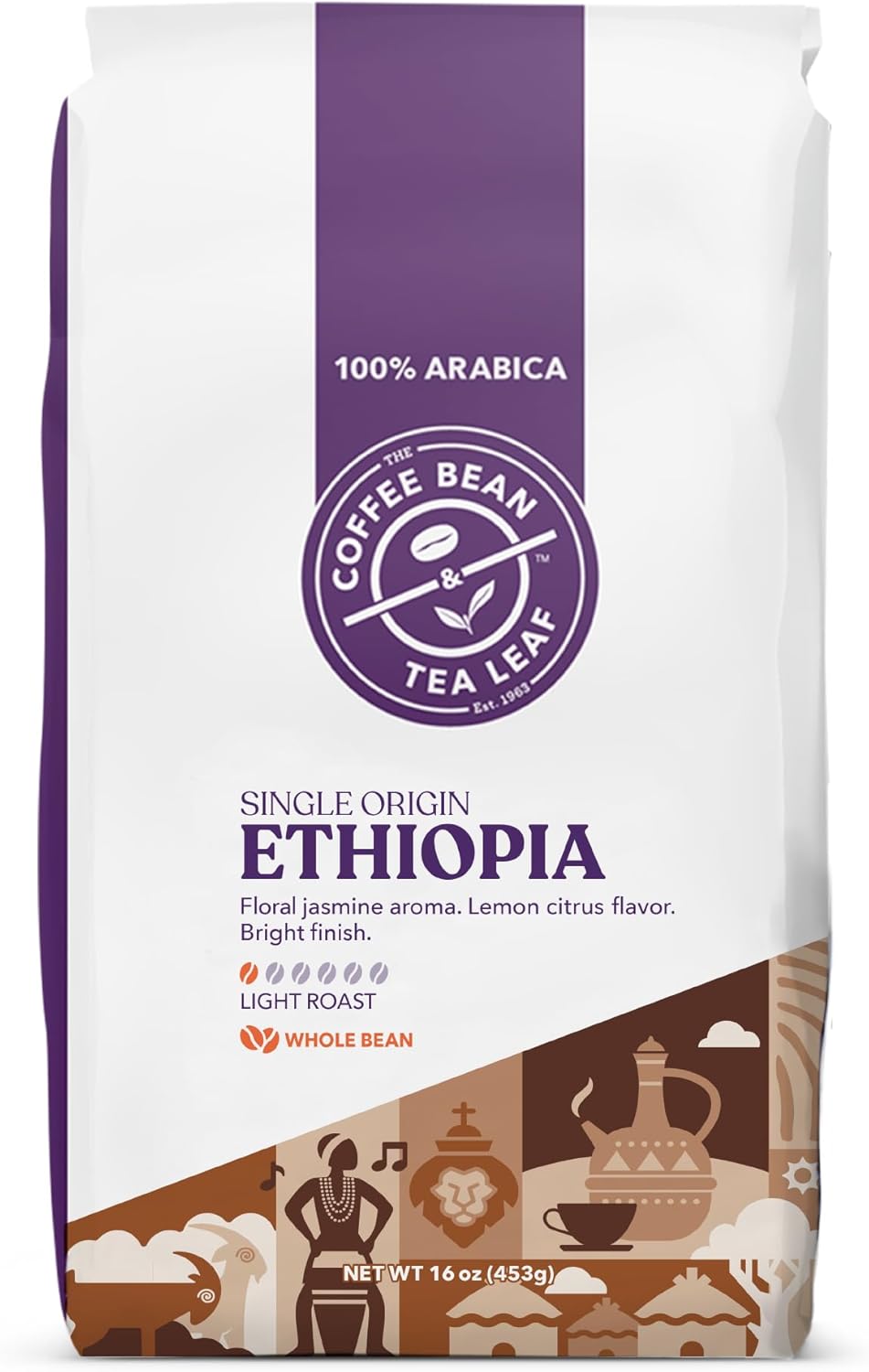 The Coffee Bean & Tea Leaf, Ethiopia Yirgacheffe Single Origin, Light Roast Whole Bean Coffee Beans - 1lb bag (16oz)