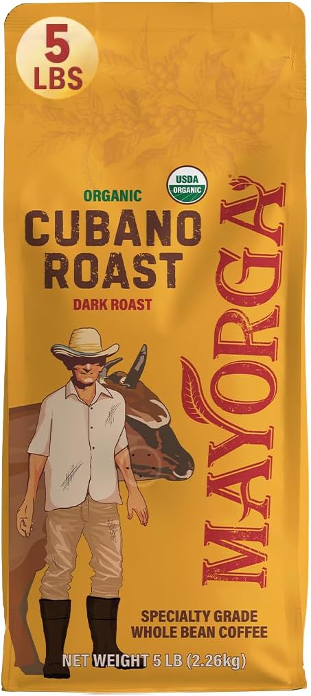 Mayorga Dark Roast Coffee 5lb bag Cubano Roast 100% Arabica Café Whole Coffee Beans - Smoothest Organic Coffee - Specialty Grade, Non-GMO, Direct Trade