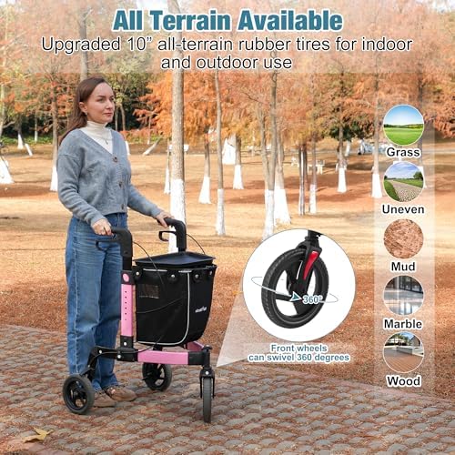 3 Wheel Walkers for Seniors, Foldable Rollator Walker with Tray & Large Storage Bag, 10" Big Wheel for All Terrain, 350 lb Weight Capacity, Pink