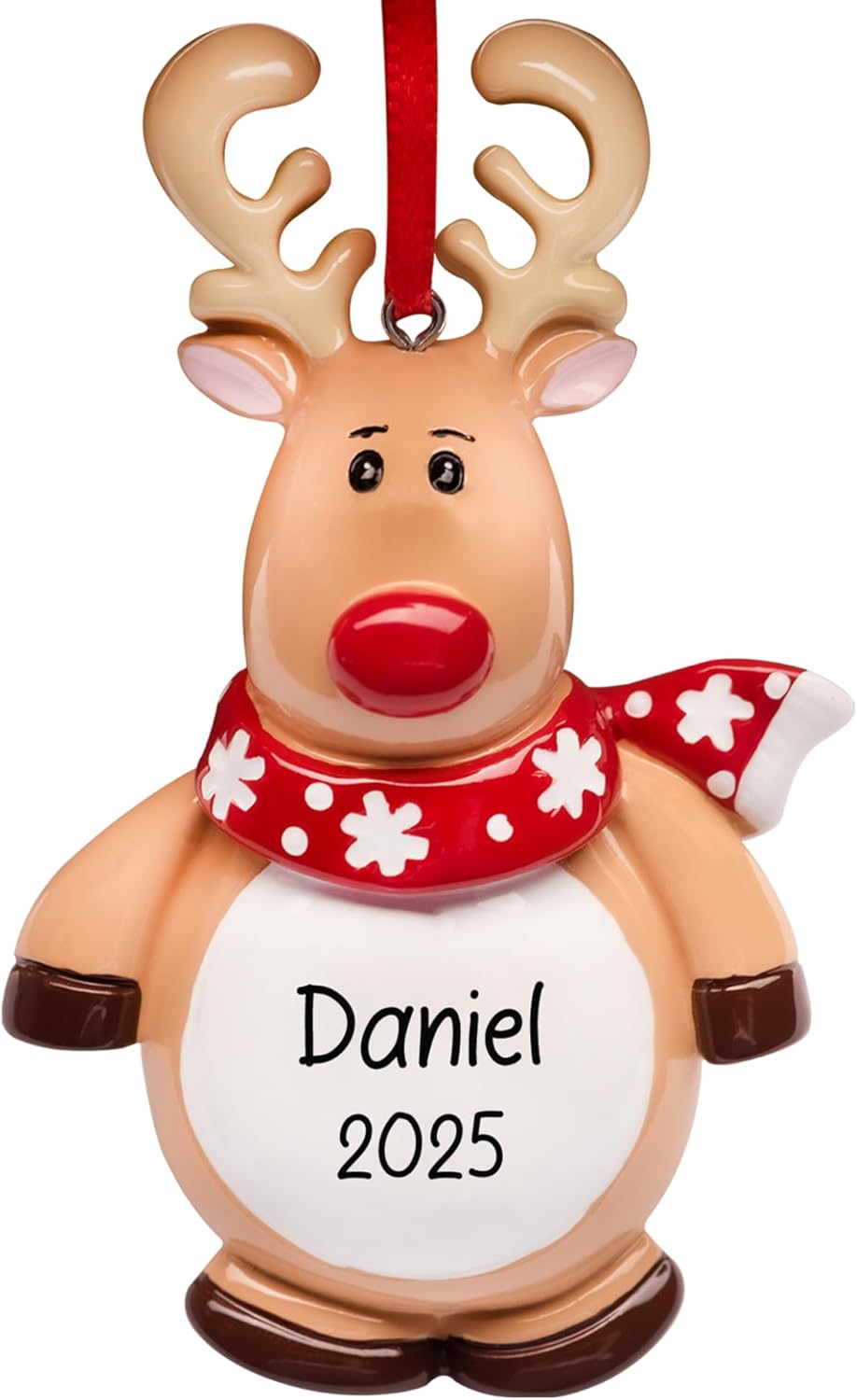 Personalized Reindeer Christmas Ornament 2025 - Free Customization | Red Nosed Deer Figurine with Scarf and Big Antlers for Xmas Tree | Unique Keepsake - Custom Name & Year