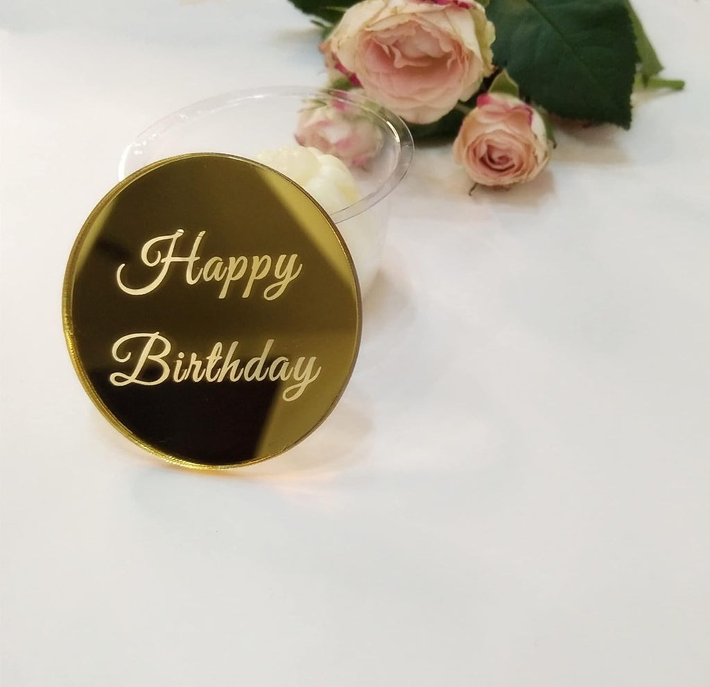 Set of 12pcs Happy Birthday Cake Disc Cupcake Toppers, Mirror Acrylic Cake Charm, Engraved Topper,Mini Acrylic Cake Toppers (Gold Mirror)