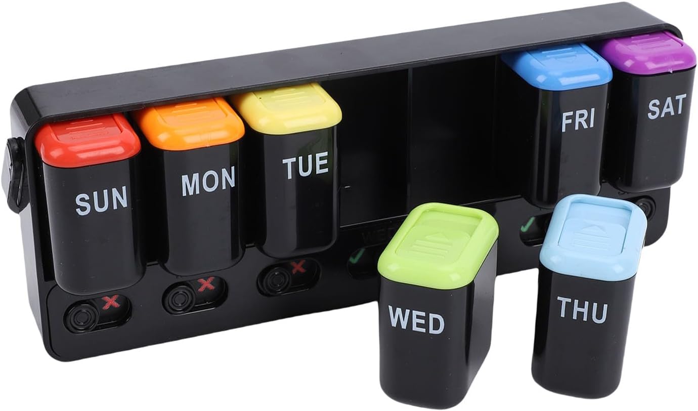 Fockety Weekly Pills Organizer, 7 Day Pills Case with Large Compartments, Daily Pills Box, Medicines Planner, Vitamin Organizer for Medication, Vitamins, Supplements, Fish Oils (Black)