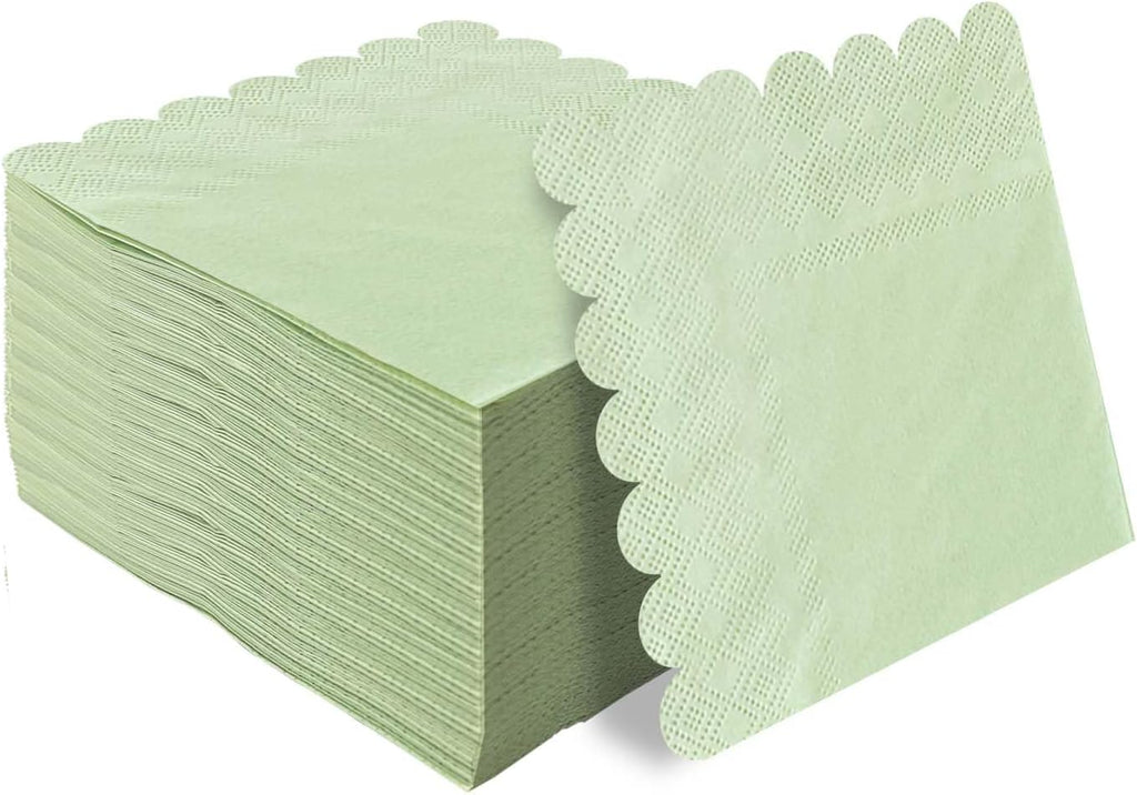 HEIPINIUYE 50 Pieces 2-ply Sage Green Napkin Disposable Scalloped Cocktail Napkins Beverage Napkins Dessert Napkins Paper Napkins for Wedding Birthday Party Paper Dinner Napkins