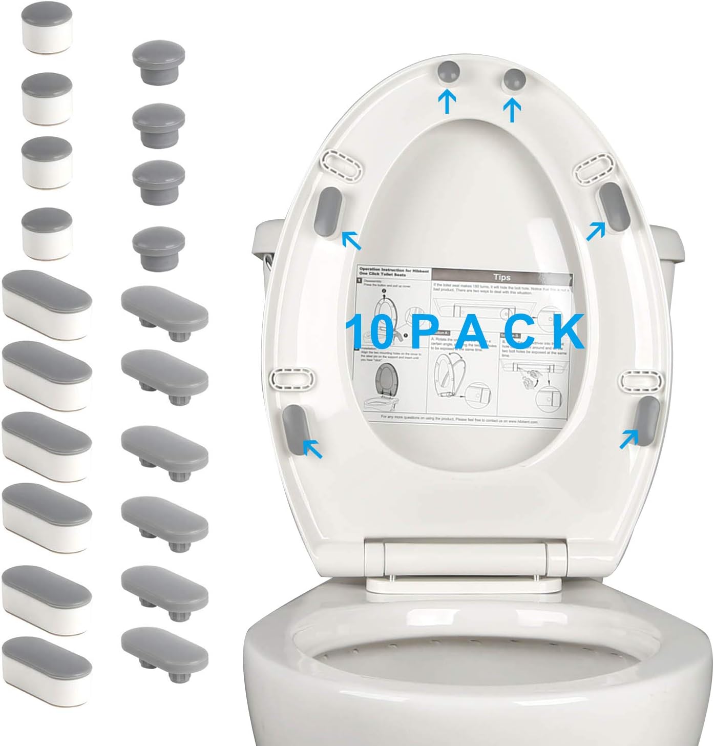 Hibbent 10 Pieces Toilet Seat Bumpers, Universal Buffer Toilet Lid Rubber Bumpers Each One with 2 Thickness TPE Pads(2 Heights) Strong Adhesive Bidet Bumpers Used for Home, Hotel, Hospital