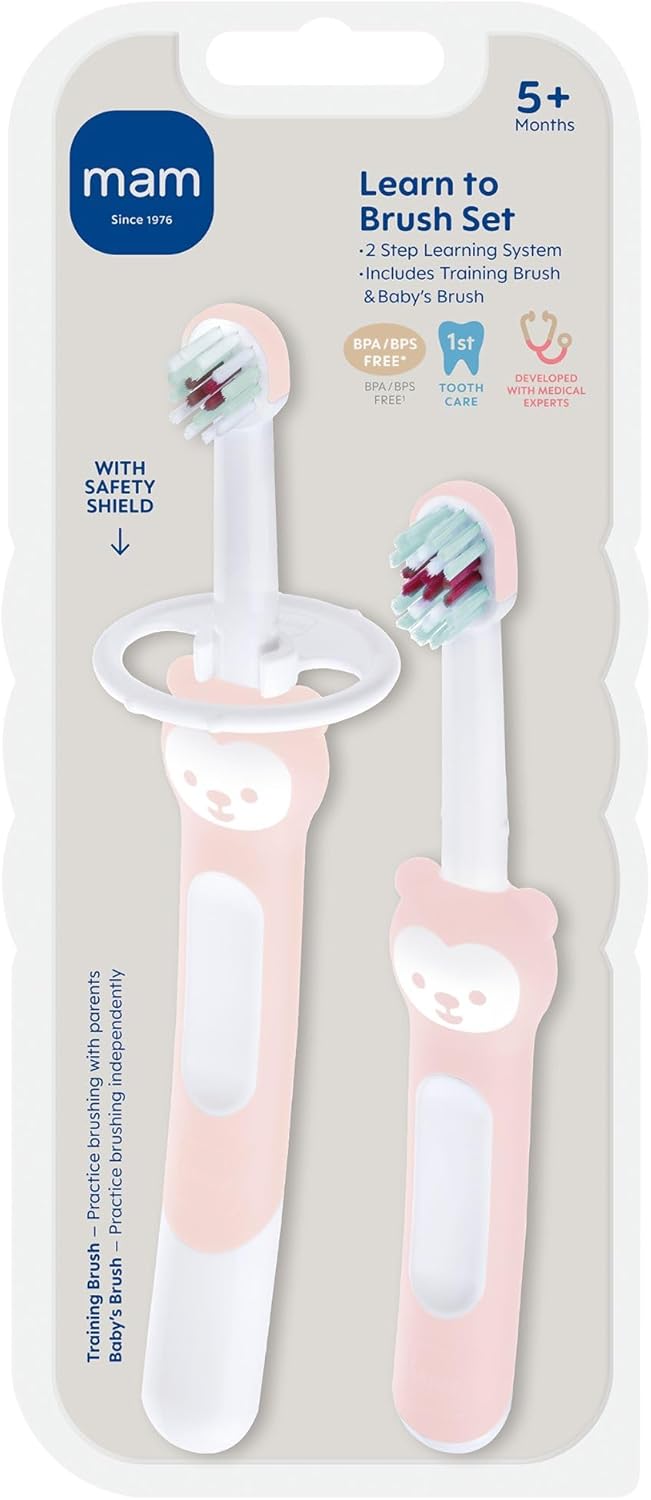 MAM Baby Toothbrush Training Brush 5+ Months – Extra Soft Infant Toothbrush with Safety Shield, Small Rounded Head for First Teeth & Gums, Indicator Bristles, Non Slip Handle, BPA Free (2 Pack)