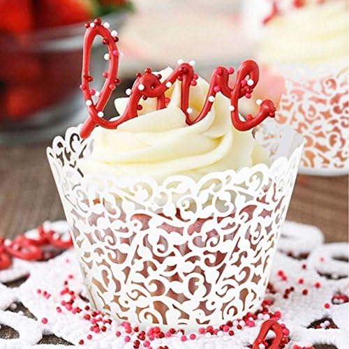 100pcs Cupcake Wrappers Artistic Bake Cake Paper Cups Little Vine Lace Laser Cut Liner Baking Cup Muffin Case Trays for Wedding Party Birthday Decoration (White)
