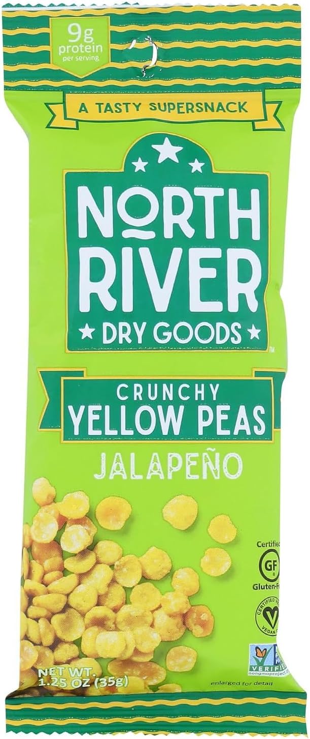 North River Dry Goods Crunchy Yellow Peas (Jalapeno), High Protein Snacks, Healthy Snacks for Adults and Kids, Gluten Free, High Fiber, School Travel Office Snacks, Non-GMO, Vegan, 1.25oz Pack