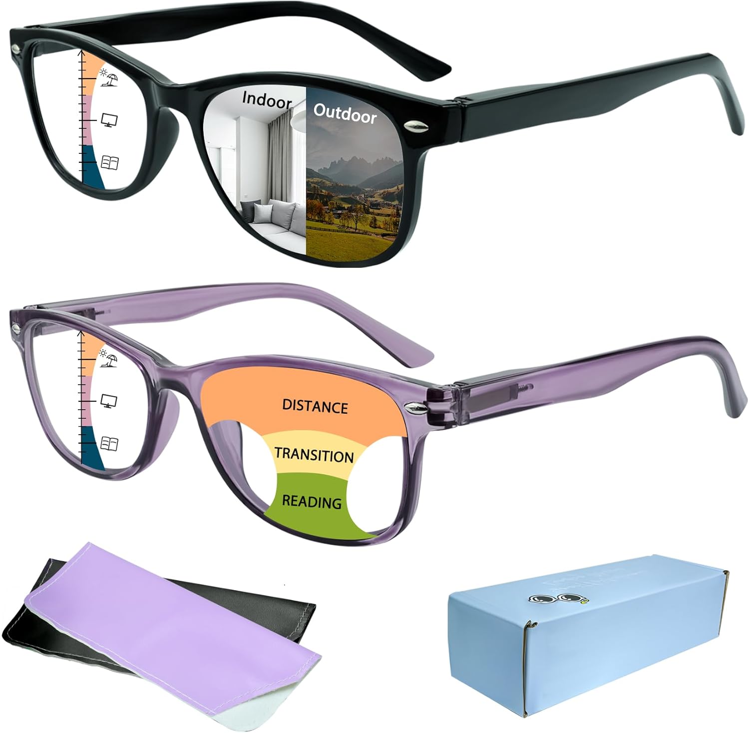 UXAOSVME 2-Pack Photochromic Progressive Readers With Blue Light Blocking, Multi-Focus Reading Glasses for Men & Women