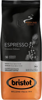 Bristot Espresso Cremoso Italiano Ground Coffee – Medium Roast, Rich & Smooth – 8.8oz (250g) Bag – Italian Ground Espresso for Home Machines