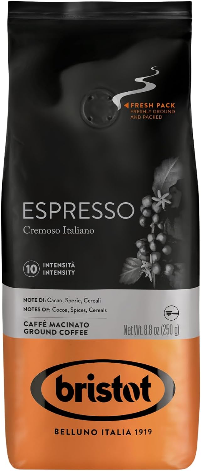 Bristot Espresso Cremoso Italiano Ground Coffee – Medium Roast, Rich & Smooth – 8.8oz (250g) Bag – Italian Ground Espresso for Home Machines