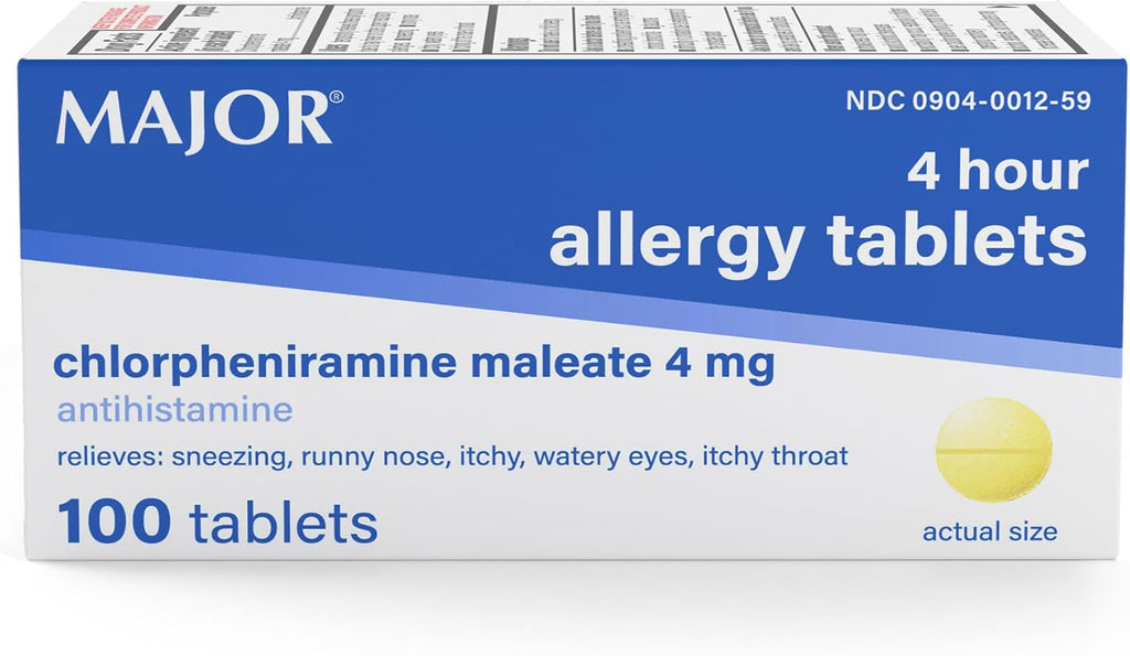 Major 4 Mg Allergy Tablets - Chlorpheniramine Maleate 4-Hour Allergy Medicine - Antihistamine for Relief of Sneezing, Itchy Watery Eyes, Itchy Throat, and Runny Nose - 100 Count (1 Pack)