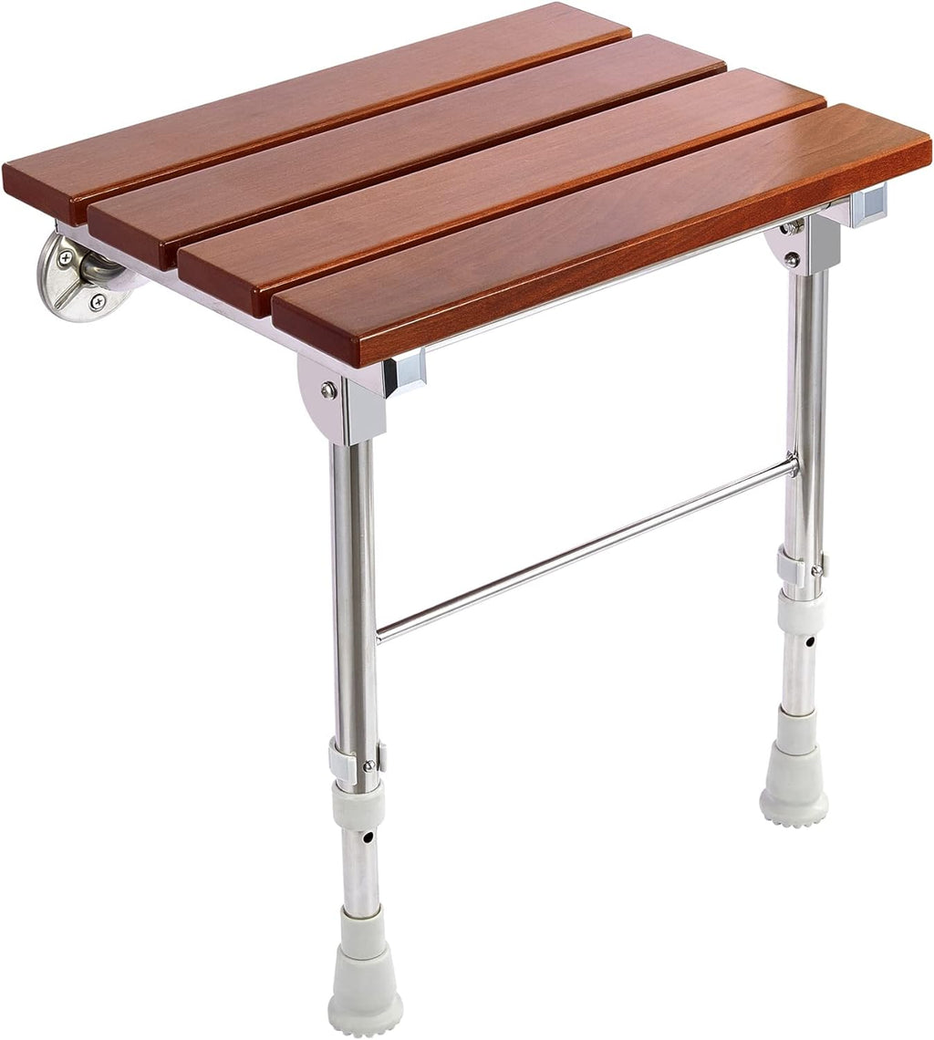 Folding Shower Seat Wall Mounted with Legs, Foldable Shower Chair for Inside Shower, Fold Down Shower Bench for Seniors (Wood, Height Adjustable)