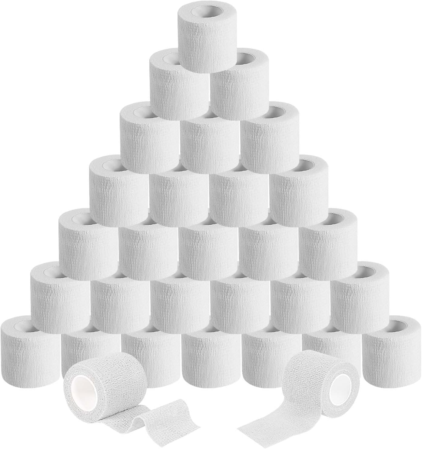 30 Pack 2 Inch x 5 Yards White Self Adhesive Bandage Breathable Cohesive Bandage Wrap Rolls Elastic Self-Adherent Tape for Stretch Athletic, Sports, Wrist, Ankle