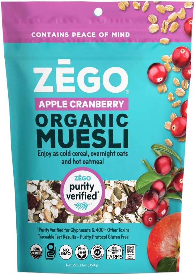 ZEGO Foods Organic Superfood Oatmeal & Muesli, Certified Gluten Free (Apple Cranberry) 13oz
