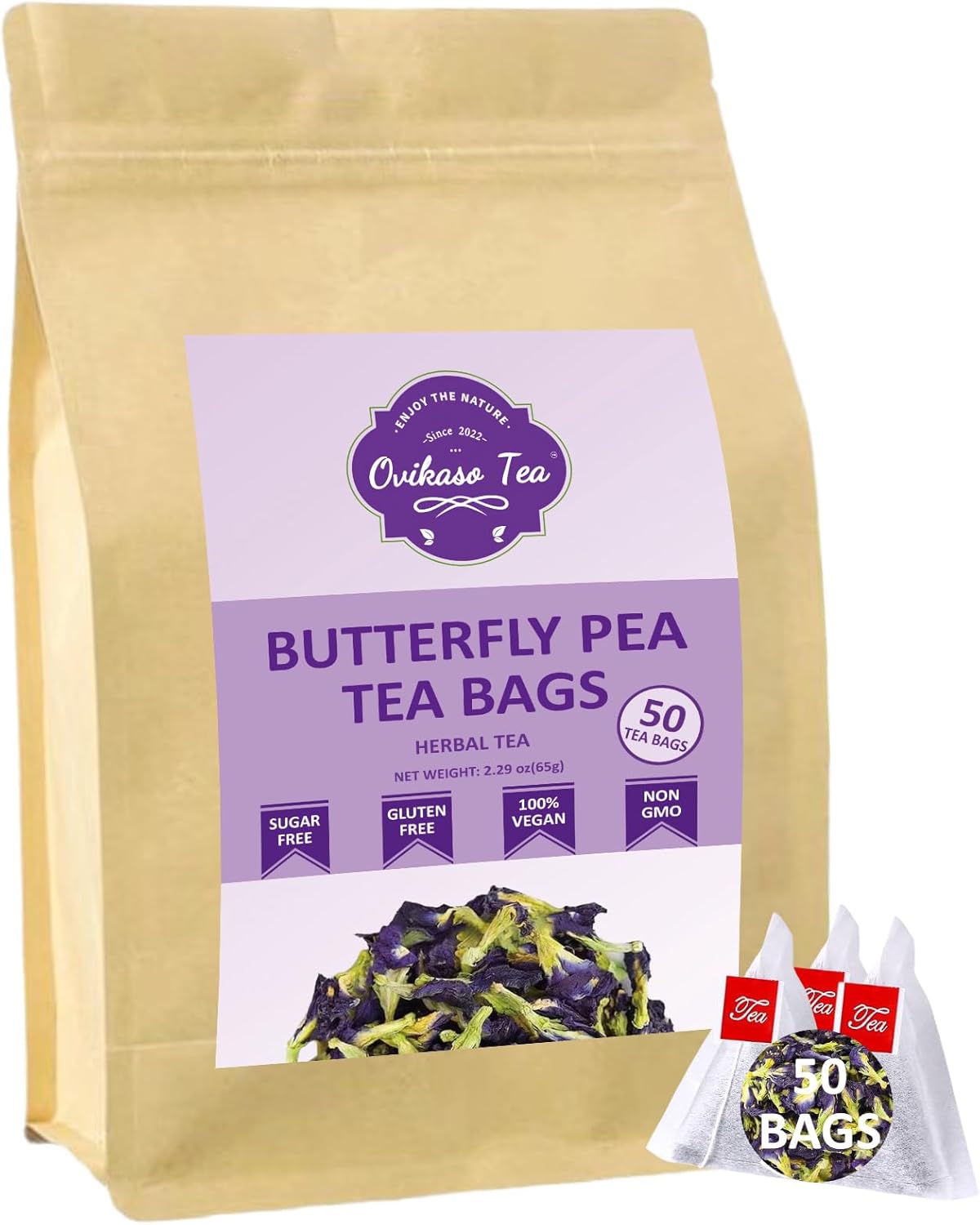 Ovikaso Tea, Butterfly Pea Flower Tea Bags, 50 Pyramid Tea Bags, 1.3g/bag, 100% Natural, Non-GMO, No Caffeine, Brew Hot or Iced tea, Baking, Cocktail, Herbal Tea