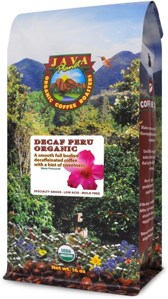 Low Acid Organic Coffee – Whole Bean, Mold-Free & Stomach Friendly by Java Planet, Peruvian Single Origin Decaf Coffee, Medium Dark Roast, Water Process, Smooth Full Flavored, 1LB Bag