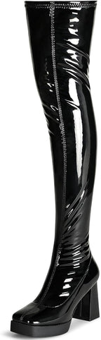 KHPAERMEI Platform Thigh High Boots Women GoGo Boots Square Toe Chunky Heels Patent Leather PU Over The Knee High Stretch Boots