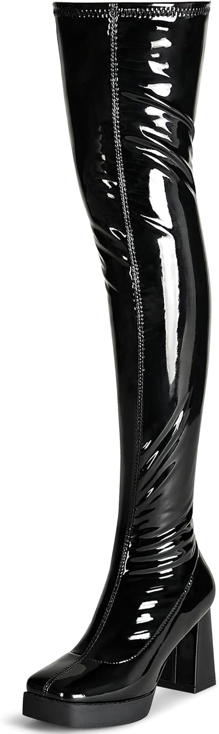 KHPAERMEI Platform Thigh High Boots Women GoGo Boots Square Toe Chunky Heels Patent Leather PU Over The Knee High Stretch Boots