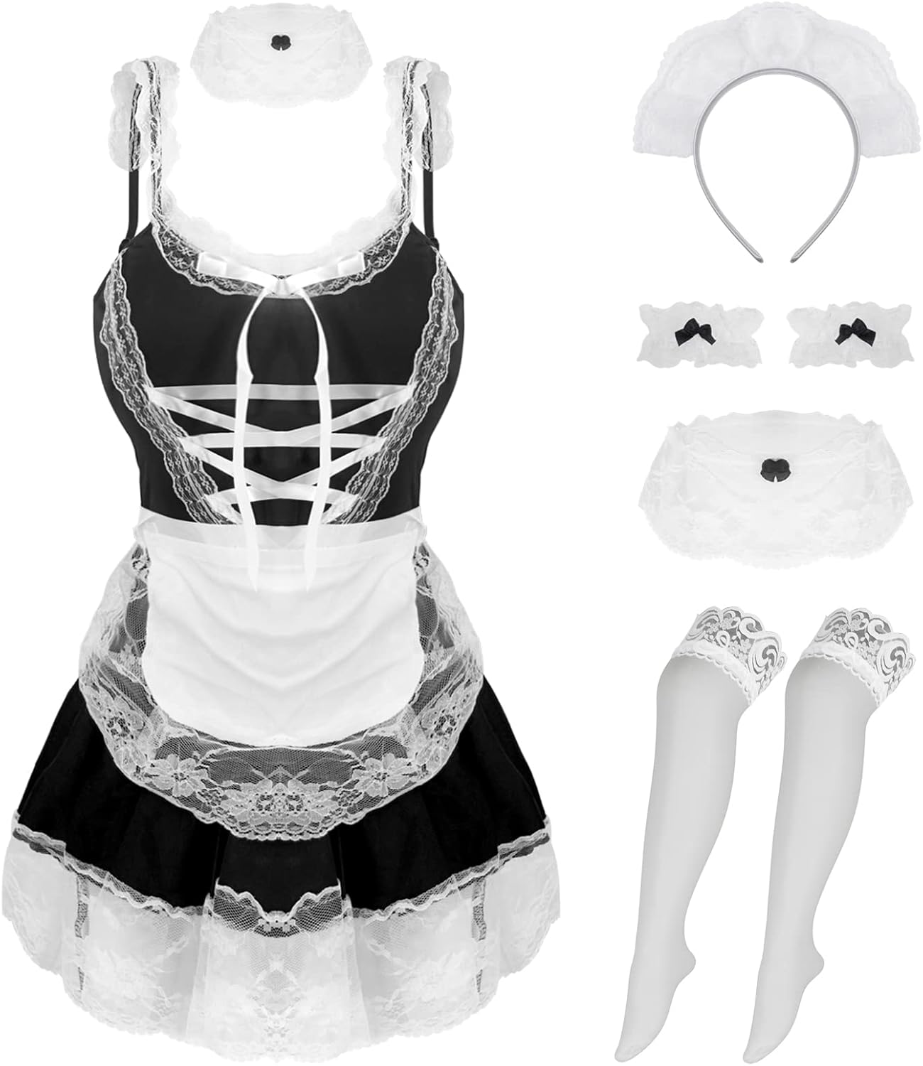 paloli Maid Cosplay Costume For Women, Classic Japanese Anime Dress With Lace Apron And Stocking Set.