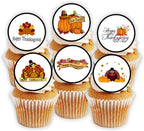 PRECUT Thanksgiving Edible Cupcake Toppers, Thanksgiving Edible Cake Decorations, Fall Party Cookie Decor, Pumpkin Cake Topper Decorations 1.5 Inch / 4cm Wafer Card Discs (12)